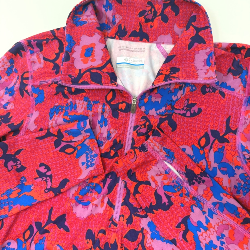 Columbia Omni-Wick Womens Small 1/4 Zip Pullover Floral Heart Print Red‎ Pink